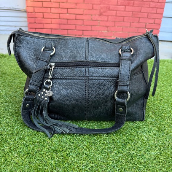 The Sak Black Leather Studded Satchel Shoulder Bag Zip Top Purse Pebble Grain - Picture 1 of 15